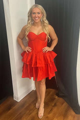 Black Corset Sweetheart A-Line Tiered Satin Short Homecoming Dress/Mini Dress