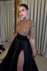 Black And Champagne Long Formal Dress Half Sleeves With High Slit