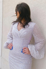 Sparkly Silver Long Sleeves Sequin Tight Short Homecoming Dress/Mini Dress