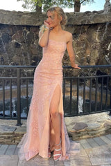 Long Strapless Prom Dress in Pink with Lace and Slit