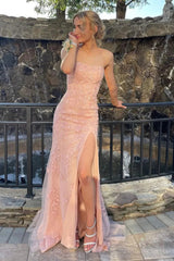 Long Strapless Pink Prom Dress Featuring Lace and a Slit