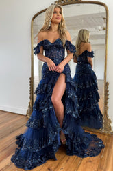 Elegant Navy Mermaid Prom Dress with Off-Shoulder Lace Ruffles