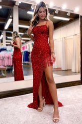 Burgundy Sequined Long Prom Dress with Spaghetti Straps and Tassel