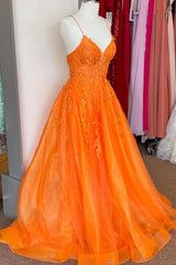 Elegant Orange A-Line Prom Dress with Spaghetti Straps and Appliques