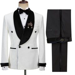 Fashion Double-Breasted White Sparkle Jacquard Shawl Lapel Reception Suit for Guys