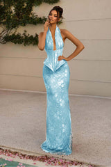 Halter V Neck Sleeveless Long Mermaid Formal Dress With Appliques
