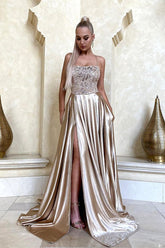 String Spaghetti Strap Backless Long Elegant Formal Dress Front Split