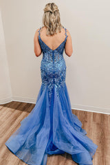 Mermaid Prom Dress in Blue with Spaghetti Straps and Appliques