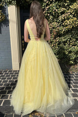 Long Yellow Beaded A-Line Prom Dress with Glitter Tulle