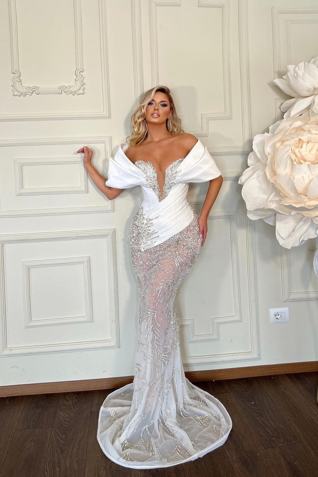 Heavy White Off the Shoulder Long Formal Dress Sleeveless Tulle