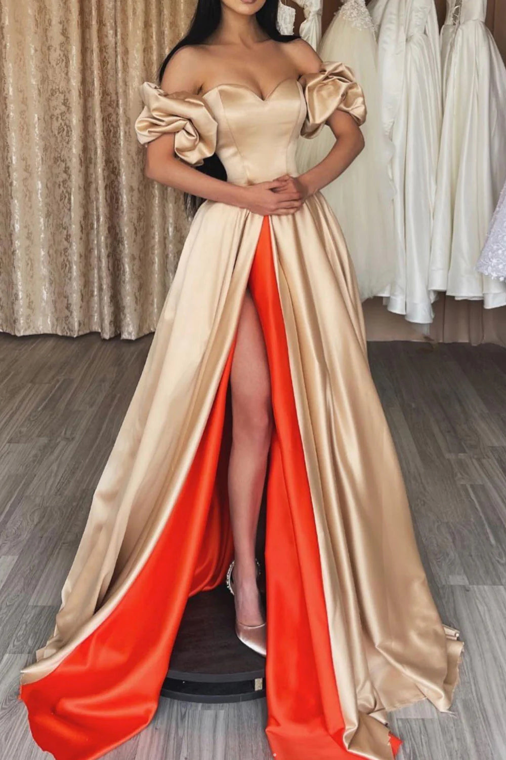 Champagne long prom dress featuring an off-the-shoulder A-line cut and front split