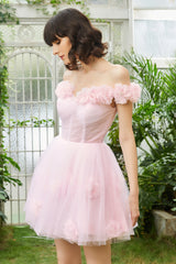 Pink Off the Shoulder Corset Homecoming Dress/Mini Dress With Flowers