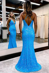 Long Blue Prom Dress with Mermaid Spaghetti Straps and Appliques