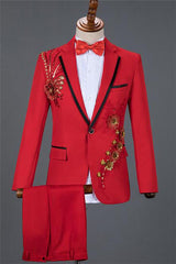 Newest Red Sequin Embroidery Lace Floral Best Wedding Suits for Men with One Button