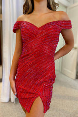 Sparkly Red Sequins Open Back Tight Short Homecoming Dress/Mini Dress with Slit