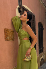 Tulle One Shoulder Long Sleeve Long Formal Dress With Front Split