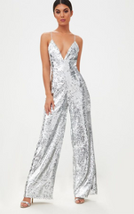 Chic Spaghetti Strap V-Neck Sleeveless White Sequins Long Jump Suit