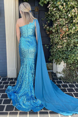 Blue Sequined Long Prom Dress with Mermaid Cut and One Shoulder