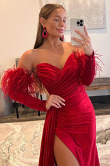 Feather-Adorned Red Prom Gown in Long Length