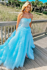 Blue Corset Prom Dress with Spaghetti Straps and Ruffles in A-Line Style
