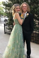 Long Green Prom Dress with Spaghetti Straps and A-Line Embroidery