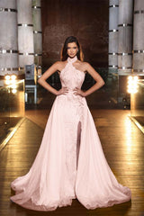 Purple Halter Mermaid Formal Dress Tulle Ruffles With Split Appliques