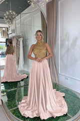 Elegant Sequins Formal Dress Gold Black Long Sleeveless Halter