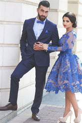 Formal Dark Navy Notched Lapel Two-Piece Business Prom Suit for Party