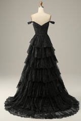 Black Off-the-Shoulder Corset Prom Dress with Lace A-Line Ruffles