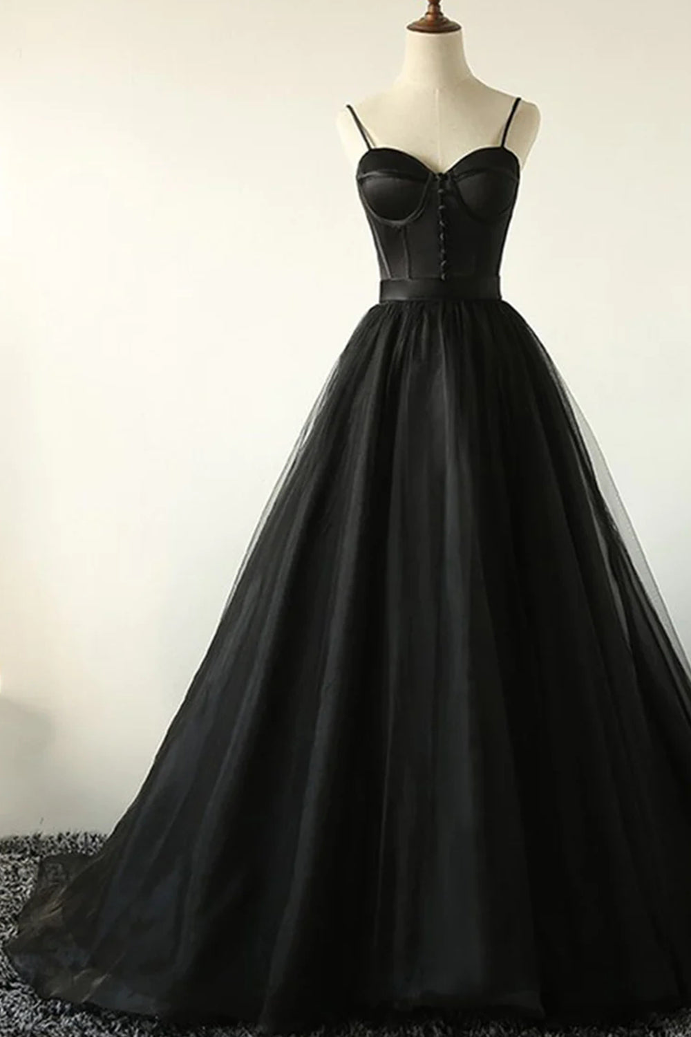 Long A-Line Prom Dress in Black with Tulle Corset