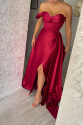 Classic One Shoulder Slit Strapless Sweetheart Evening Dress With Ruffle