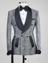 Khalil Gray Black Lapel Jacquard Wedding Men's Suits with Double-Breasted