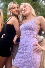 Spaghetti Straps Purple Tight Short Homecoming Dress/Mini Dress with Appliques