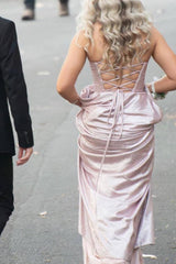 Long Blush Prom Dress with Spaghetti Straps and Front Split in A-Line Style