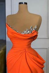 Orange Sequins Mermaid Online Strapless Pleated Formal Dress With Sleeveless