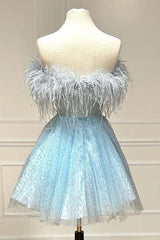 Light Blue A-Line Strapless Homecoming Dress/Mini Dress with Feathers