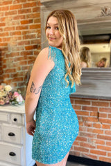 Sparkly Blue Fringed One Shoulder Tight Sequins Short Homecoming Dress/Mini Dress