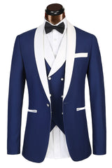 Elegant Three-Piece Banding Blue Men's Suit for Wedding with White Lapel Edge