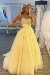 Yellow Princess Prom Dress with Spaghetti Straps