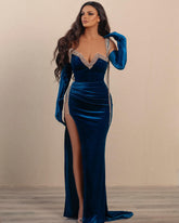 Blue Velvet Elegant Split Sequins Evening Dress With Gloves