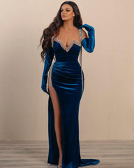Blue Velvet Elegant Split Sequins Evening Dress With Gloves