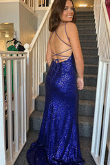 Prom Dress in Royal Blue with Sequins Spaghetti Straps and Slit