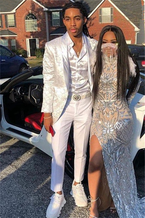 New Arrival White Jacquard Business Prom Suit for Guy with Shawl Lapel