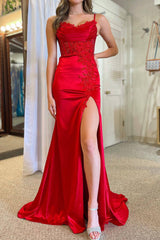Red Mermaid Prom Dress with Elegant Appliques Spaghetti Straps and a Split Front