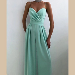 Chic Spaghetti Strap Sleeveless Mint Green Pleated Jump Suit