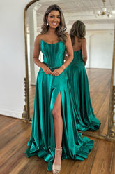 Stylish Green Strapless A-Line Prom Corset Dress with Front Split