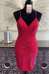 Sparkly Red Sequined Criss-Cross Back Tight Short Homecoming Dress/Mini Dress