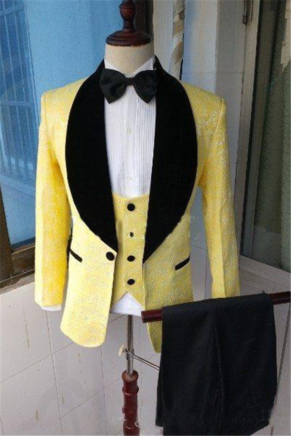 Fashion Blazer Yellow Lapel Shawl Bespoke Jacquard Men's Formal Dinner Wedding Suit
