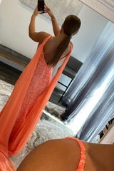 Long Orange Prom Dress with Watteau Train and Sequins