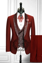 Stylish Red Stitching Lapel Double-Breasted Waistcoat Three-Piece Men's Suit